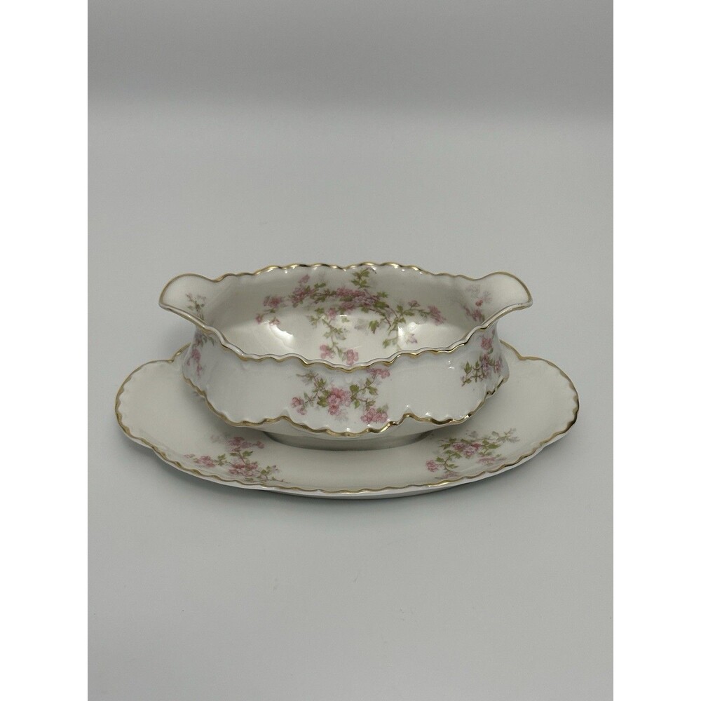 Antique Haviland Limoges Gravy Boat Underplate Pink Floral Gold M.F. Kaag France